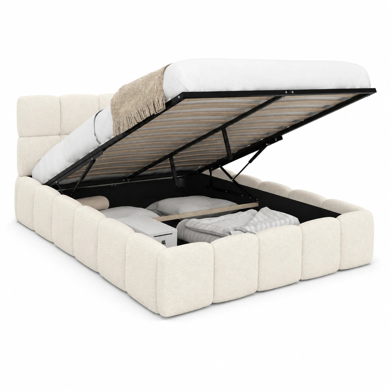 Lit coffre, avec sommier, en tissu bouclette, 140 x 190 cm, coloris blanc, pour la chambre
