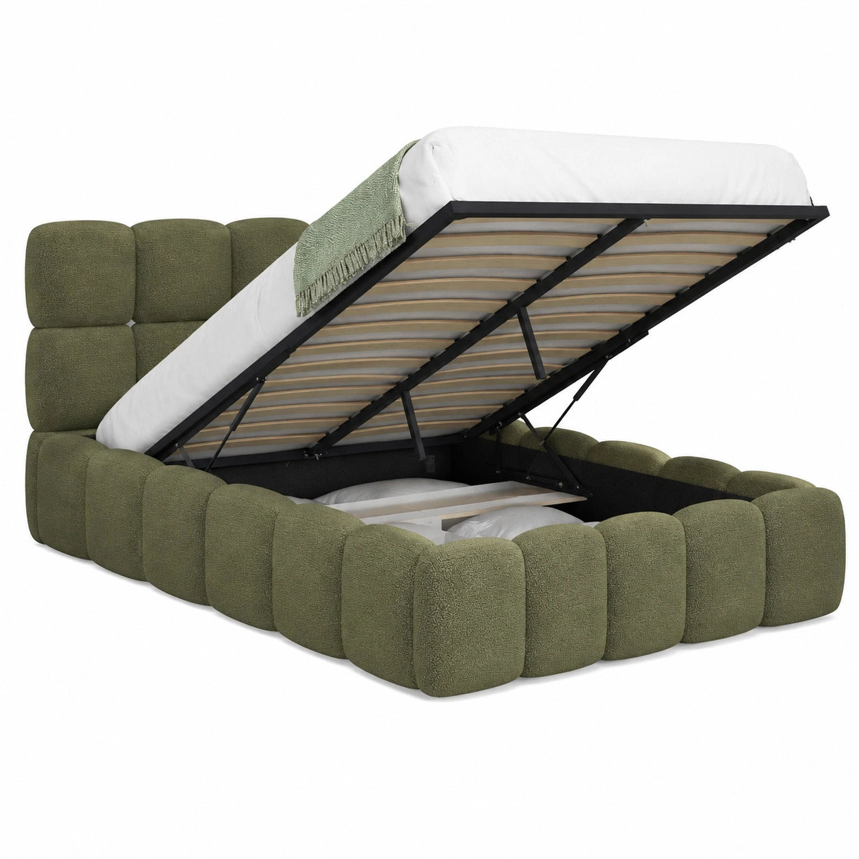 Lit coffre, avec sommier, en tissu, 140 x 190 cm, coloris vert, pour la chambre