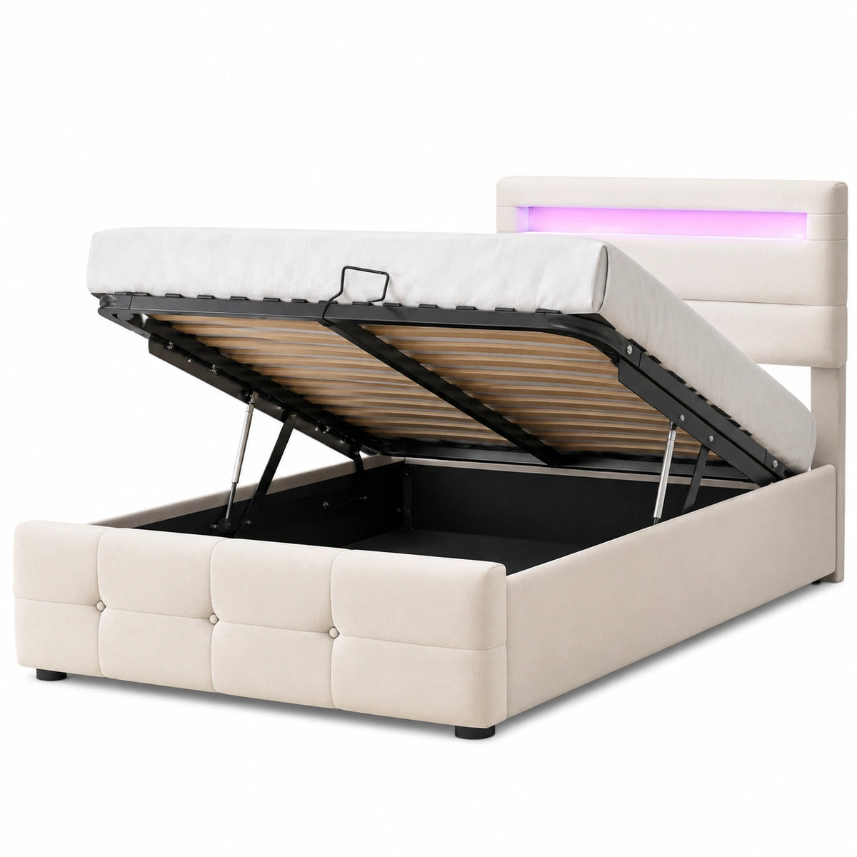 Lit coffre, réglable, avec rangement, avec sommier, 1 place, coloris beige, pour la chambre