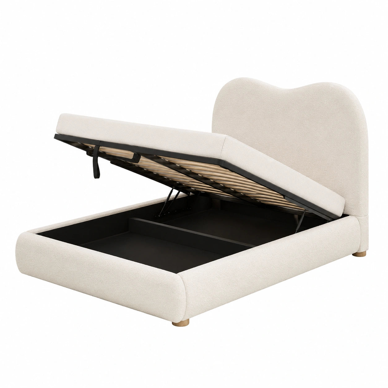 Lit, avec rangement, avec sommier, en tissu bouclette, coloris beige, 90 x 200 cm, pour la chambre