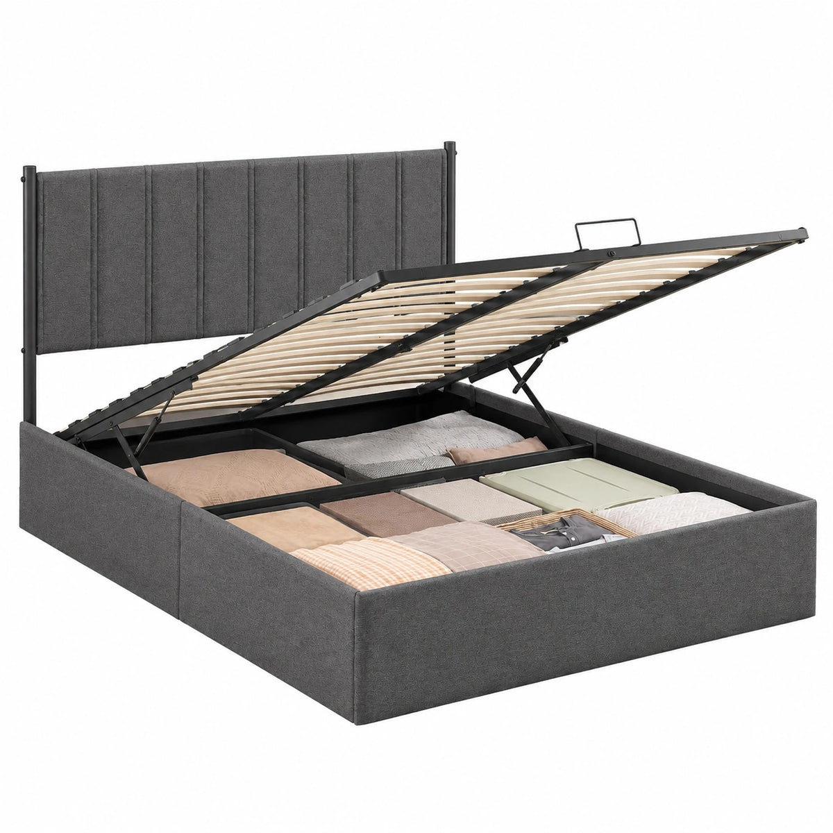 Lit coffre, 2 places, avec rangement, avec sommier, coloris gris, 140 x 190 cm, pour la chambre