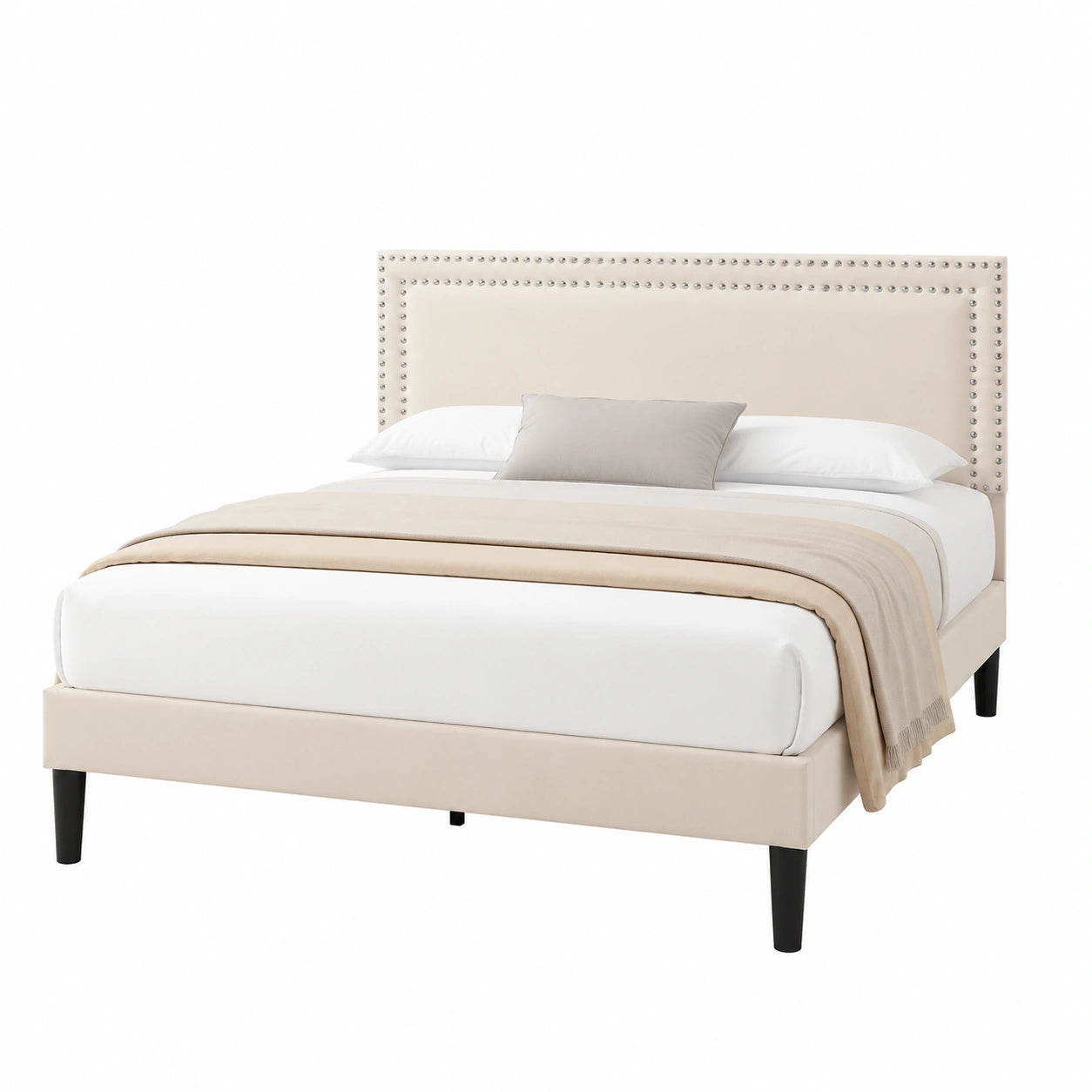 Lit, avec sommier, rembourré, en velours, 140 x 190 cm, coloris beige et argenté, pour la chambre