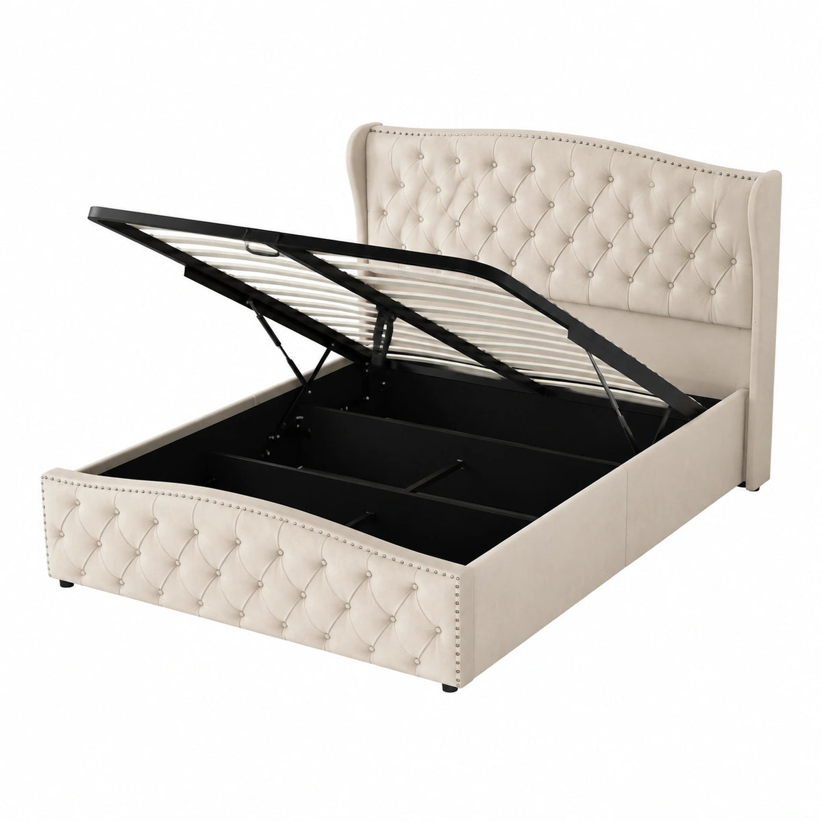 Lit coffre, 2 places, avec rangement, avec sommier, en métal et velours, coloris beige, 140 x 190 cm, pour la chambre