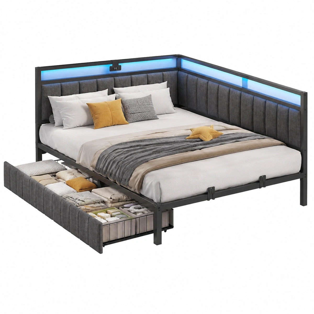 Canapé convertible, en métal et lin, avec tiroirs, avec éclairage LED, avec prise intégrée, coloris gris, 2 places, pour le salon ou la chambre d’amis