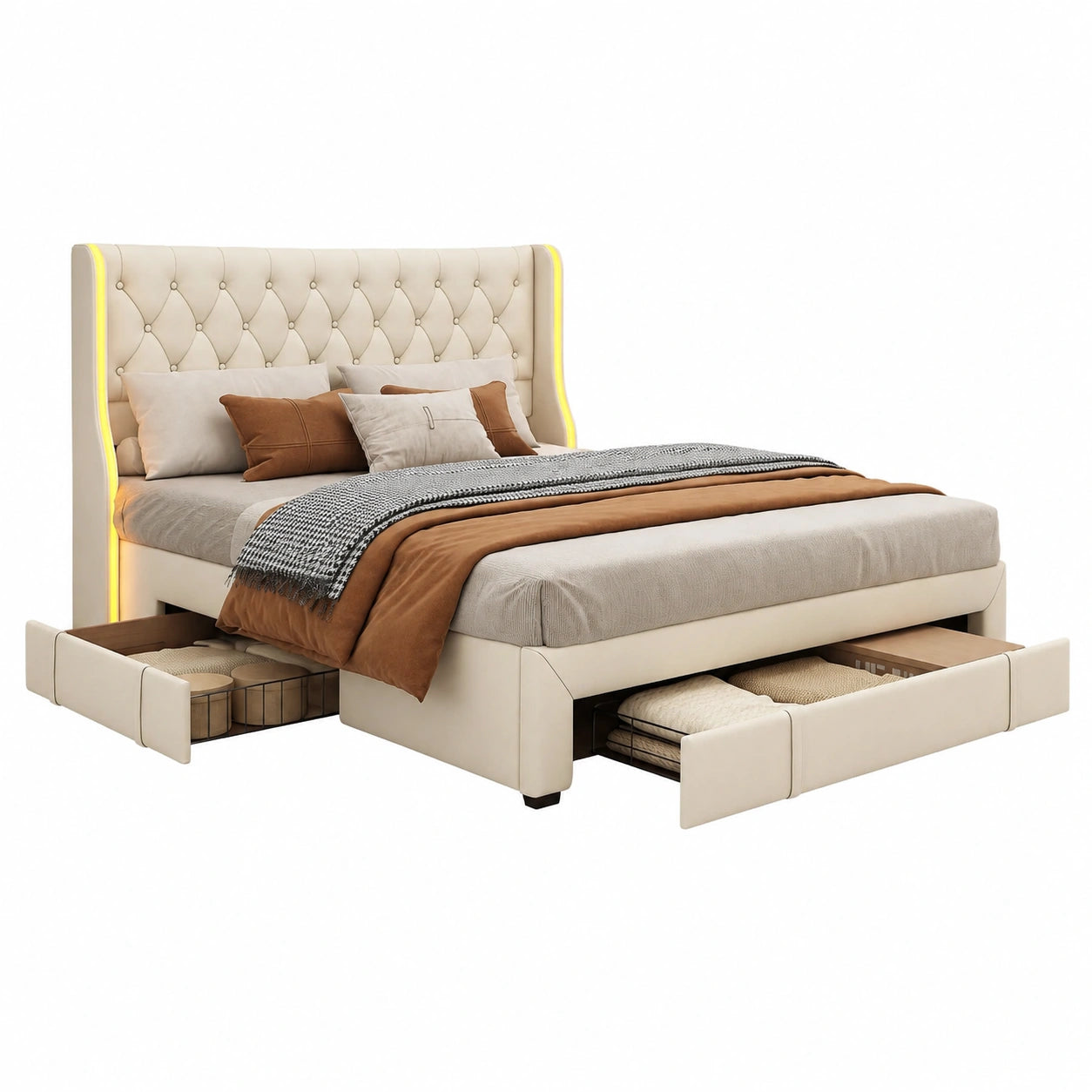 Lit coffre, avec rangement, avec éclairage LED, avec sommier, en velours, 160 x 200 cm, coloris beige, pour la chambre