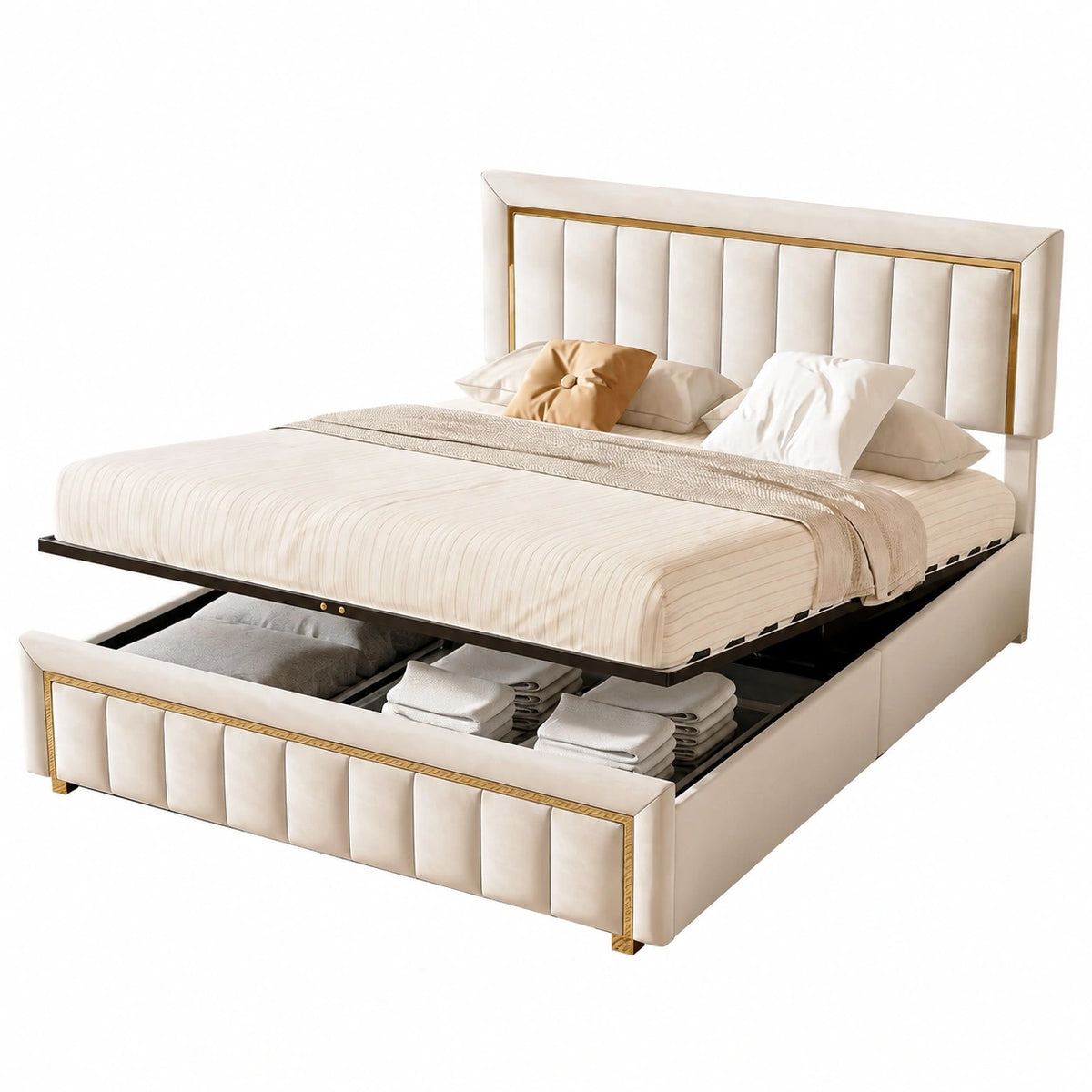 Lit coffre, avec rangement, avec sommier, rembourré, en velours, 2 places, 160 x 200 cm, coloris beige, pour la chambre