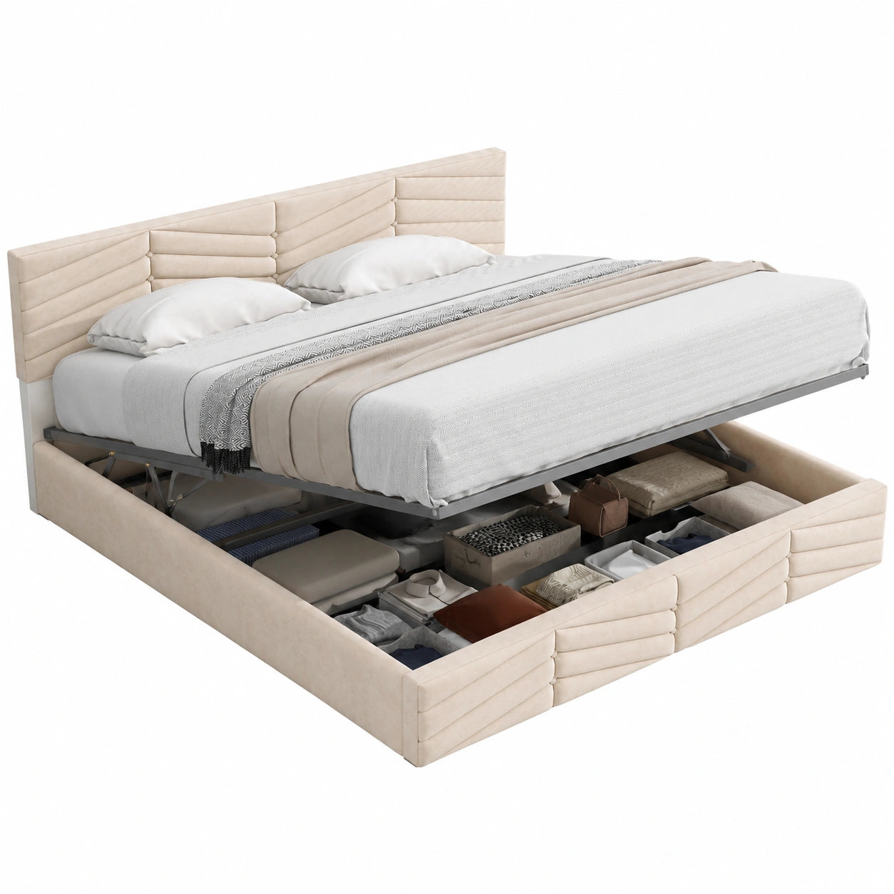 Lit coffre, réglable, avec rangement, avec sommier, en velours, coloris beige, 140 x 190 cm, pour la chambre